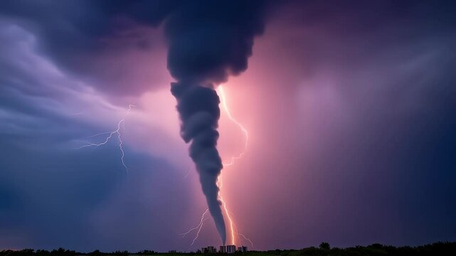 A dramatic low-angle wide shot from the base of a storm-lashed plain, capturing a towering rainbow vapor tornado twisting skyward under lightning flashes and rolling thunderclouds