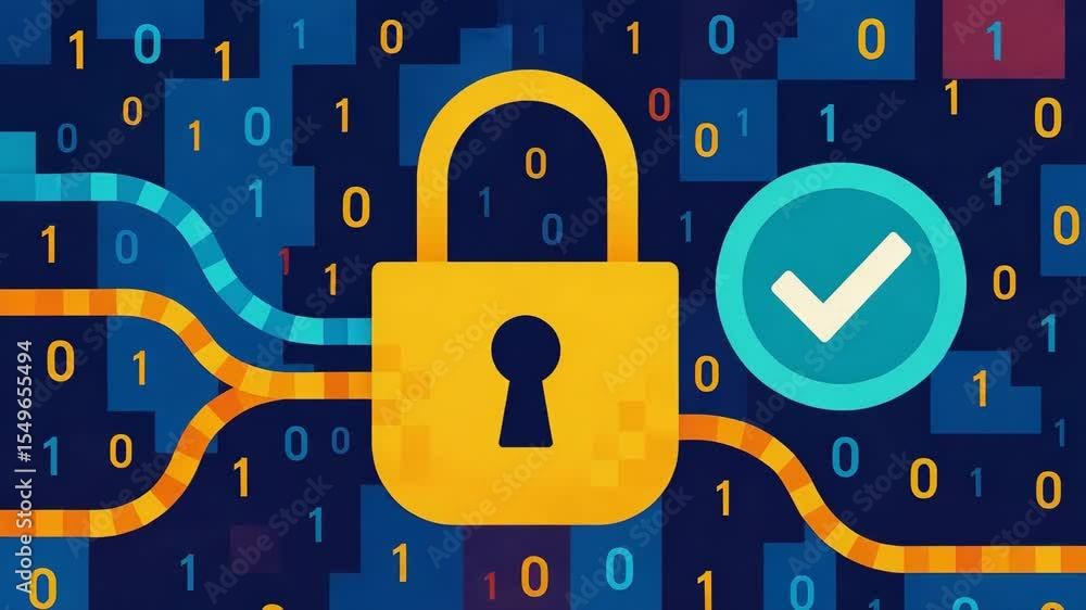 Poster a vibrant illustration of digital security featuring a padlock symbolizing protection alongside bina