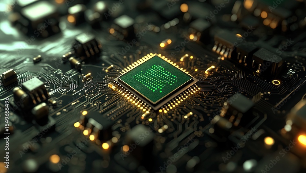 Fototapete close-up of a computer circuit board with a central processor chip