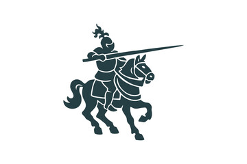 Medieval knight on horse flat silhouette vector illustration, logo, icon