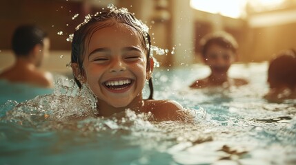 A young girl laughs joyfully while swimming in a pool, surrounded by splashing water and cheerful companions, capturing the essence of happiness and carefree childhood moments.