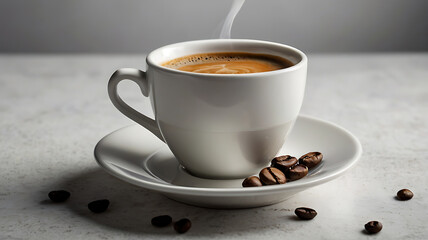 A fresh cup of dark roast espresso with steamed milk, beautifully presented in a clean white ceramic cup and saucer. The beverage features rich crema and a subtle swirl of milk, symbolizing a classic 