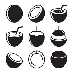 Coconut Icon Set for Tropical. Simple black and white coconut icons for various uses.
