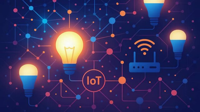 A vibrant illustration showcasing the Internet of Things (IoT) with interconnected light bulbs and a router, symbolizing smart technology and innovation in modern connectivity.
