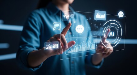 Woman Interacting with Futuristic AI Interface Exploring the Power of Artificial Intelligence