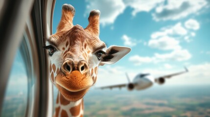 Obraz premium A playful and whimsical scene of a giraffe peering out of an airplane window, illustrating a unique perspective and a fun approach to travel and adventure.