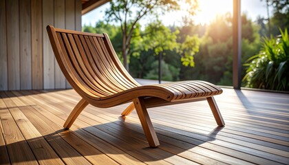 Curved wood lounge seat in warm oak finish, framed by soft shadows and resting on textured flooring in a quiet setting.