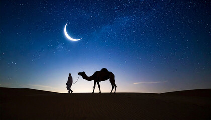 Beautiful silhouette of a person riding a camel across the serene desert under a starry night sky with a shining crescent moon. Islamic concept, muhraam, Ramadan, Eid