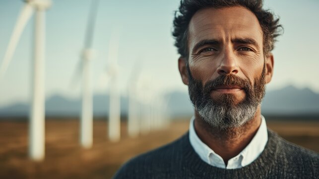 A thoughtful man stands confidently in front of wind turbines, symbolizing sustainability and a strong connection to the environment, reflecting modern values and outdoor lifestyles.