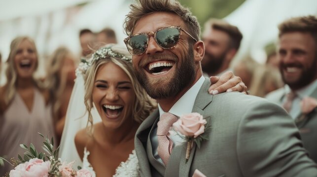 A joyous couple beams with happiness on their wedding day, surrounded by friends and family, capturing the essence of love, celebration, and shared unforgettable moments together.