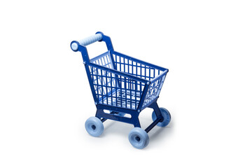 Blue plastic toy shopping cart with a bright handle and four wheels in a studio setting. Ideal for conceptual images of shopping, retail, and children's role-playing activities.