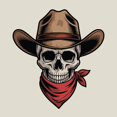 Cowboy Skull Wearing Western Hat and Bandana – Vintage Emblem Vector Illustration

