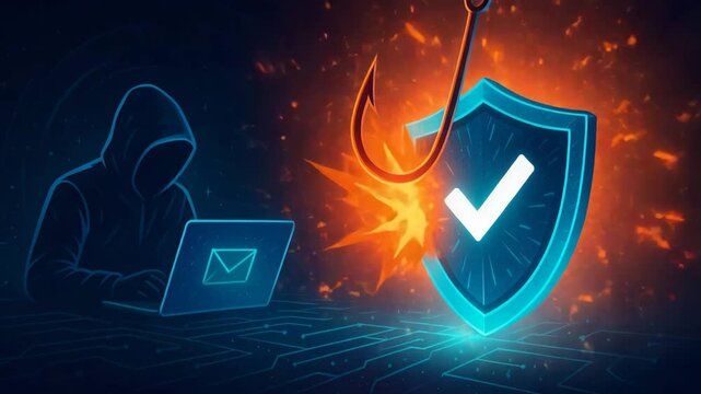 A conceptual image depicting cyber security, with a hacker in a hoodie attempting phishing. Visuals include a shield icon and a fishing hook symbolizing online threats.