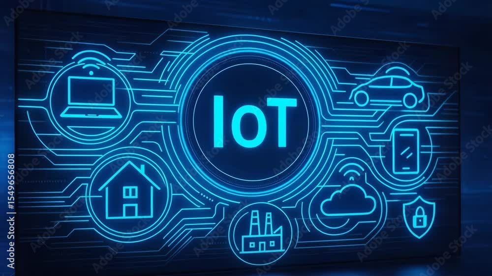 Poster a futuristic representation of the internet of things (iot) in a digital landscape. features interco