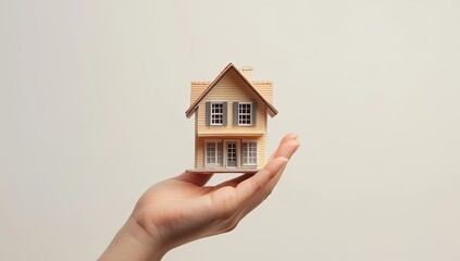 A small house model held in a hand against a plain background