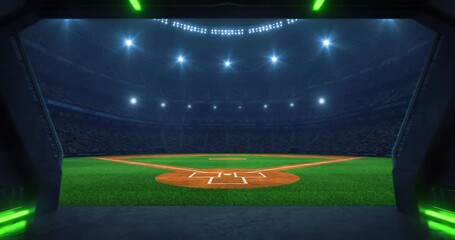 Entrance to a sports stadium full of cheering fans with a baseball field before a league match. Professional sports 4k video for advertisement background.