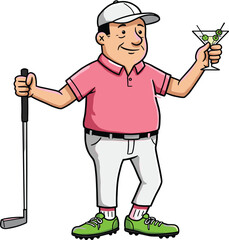 Cartoon golfer holding martini glass, smiling man in pink shirt, fun golf character illustration, humorous sports art, casual golfing concept