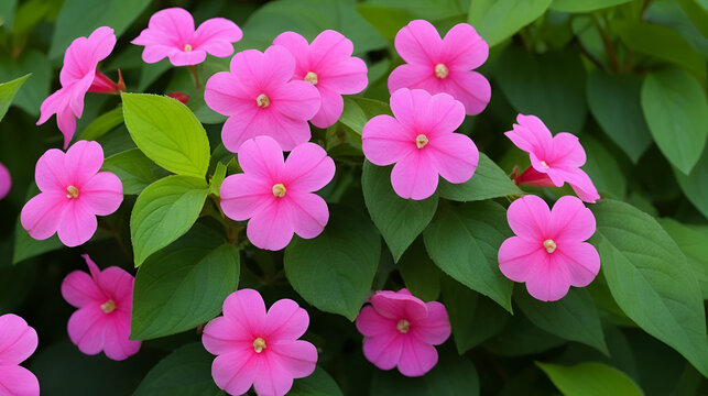Beautiful pink flowers of Impatiens balsamina in the garden. balsam, garden balsam, rose balsam, touch-me-not, spotted snapweed.