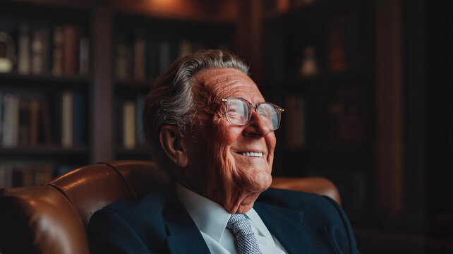 Elderly man smiling while sitting in armchair at home library