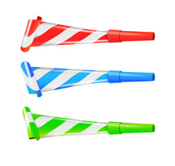 Color Party Blower Whistles Set of Celebration Happy Party. Realistic Detailed 3d. Vector