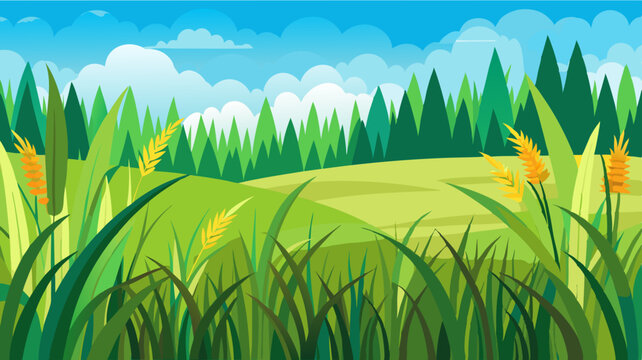 Vibrant green landscape with rolling hills and a forest under a blue sky