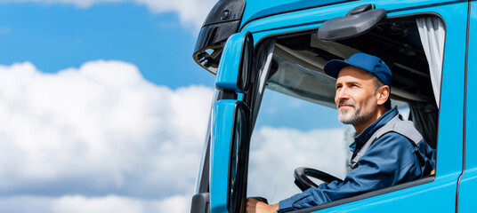 A man is seated in the driver's seat of a large blue truck, focusing intently on the road ahead. Fluffy clouds dot the bright blue sky, creating a serene backdrop for his journey.