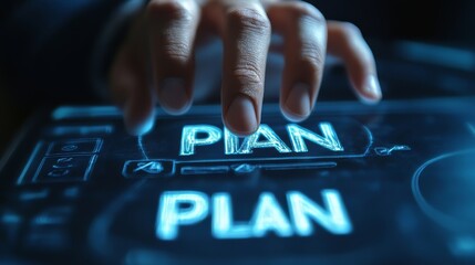 Action plan concept: Business and marketing, objective, strategy, plan and implementation. Businessman touching action plan icon on virtual screen for strategy, vision, planning and direction.