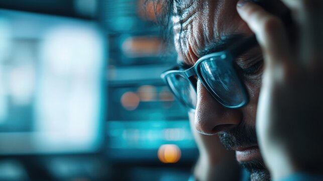 A frustrated young man with glasses, holding his head in a modern tech environment, depicting the pressures and stress related to high-tech work settings.
