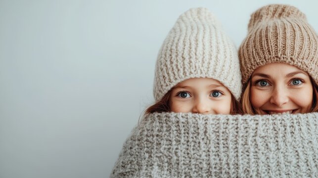 A heartwarming moment between a mother and daughter, both wrapped in a soft, knitted blanket, sharing love and warmth, showcasing the special bond they share in a cozy setting.