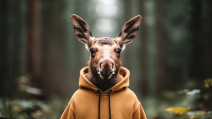 A creative blend of nature and humor is depicted with a whimsical creature wearing a hoodie, standing in a serene forest setting, inviting curiosity and wonder.
