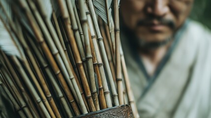 A traditional craftsman holds bundles of bamboo sticks, representing craftsmanship, culture, and connection to nature, evoking feelings of heritage and artistry.