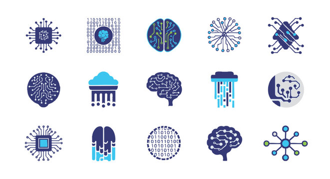 Abstract Circuit Brain Technology Icons minimal logo illustration pack AI, Data, Network, Digital, Blue, Green, Innovation