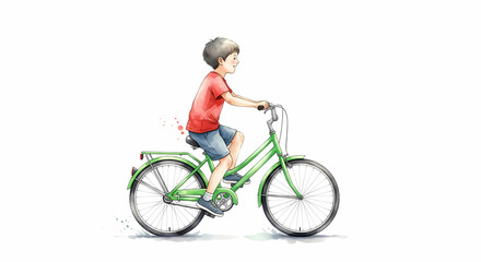 Happy Young Boy Riding Green Bicycle Outdoor Activity Illustration