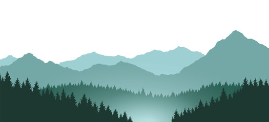 Foggy mountains landscape background. Smoky and rocky panorama with mountains skyline and pine tree forest silhouettes. Scenery with slopes, vector cartoon illustration