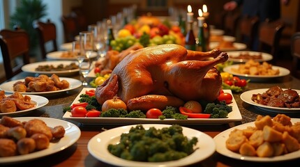 A beautifully arranged Thanksgiving table, overflowing with diverse delectable dishes and warm, inviting festive decorations.