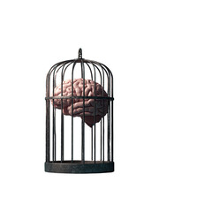 Conceptual representation of a brain trapped inside a birdcage on dark background