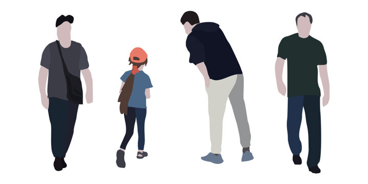 Set of drawings of people on the street in spring clothes. 2D image for use as an entourage. Vector flat city infographics