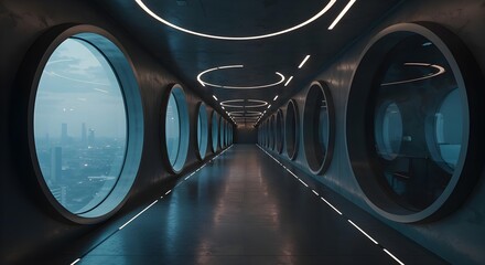 Futuristic, Corridor, Hallway, Futuristic Corridor with City Views