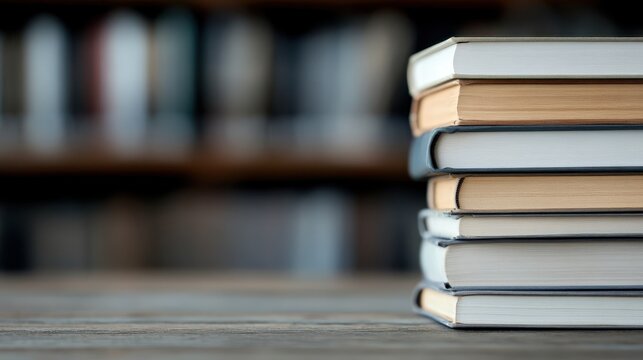 A neatly arranged stack of books rests on a rustic wooden table, exuding a sense of knowledge and wisdom. The blurred background suggests a library ambiance for reading lovers.