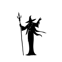 Wizard with Staff: A striking monochrome illustration depicts a mystical wizard, silhouetted against a white background, holding a ornate staff, showcasing his powerful presence.