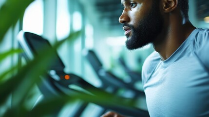 An athletic man is intensely focused during his treadmill workout, embodying determination and strength in a modern gym environment filled with natural light.