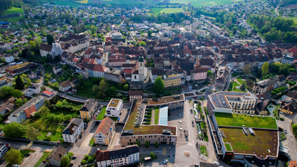 Panorama aerial of the old town of the city Porrentruy in Switzerland on a sunny noon in summer