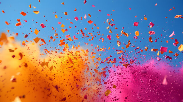 Vibrant confetti explodes against a bright sky, creating a festive and colorful spectacle.