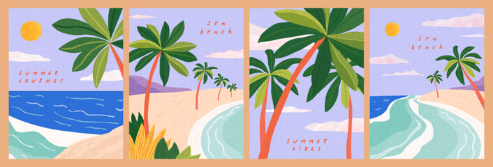 Summer sea beach landscape poster, cover, card set with sea view, sunny beach, palms and typography design. Summer holidays, vacation travel illustrations.