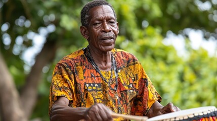 Senior playing a drum outdoors