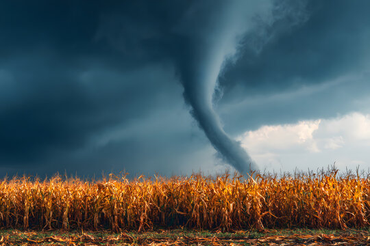 A powerful tornado spirals down towards a harvested cornfield, surrounded by ominous gray clouds on a stormy day