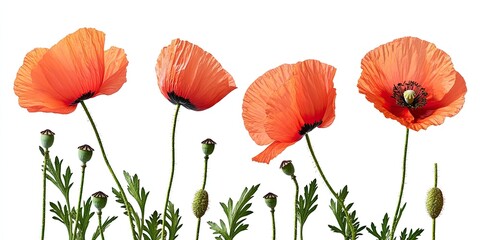 Naklejka premium Four vibrant orange poppies, with green leaves and seed pods, against a white background