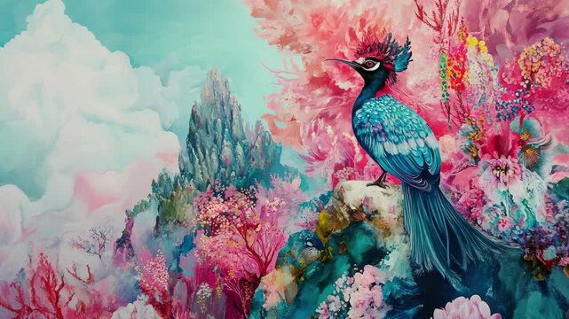 A painting of a bird sitting on top of a tree