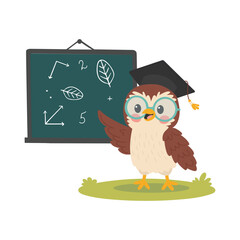 Owl with glasses and blackboard. Vector illustration in cartoon style