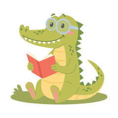 Cute crocodile reading a book.  Funny smart wild animal character sitting with book cartoon vector illustration